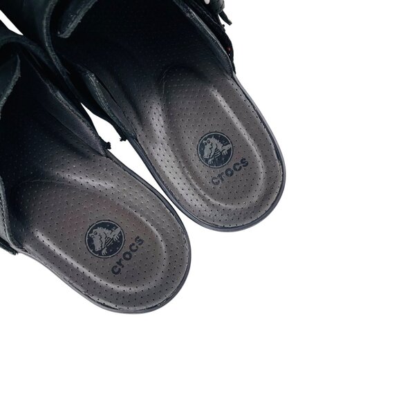 Womens Crocs Leather Clogs Size 8 Black With Buckle Detail - Picture 2 of 4